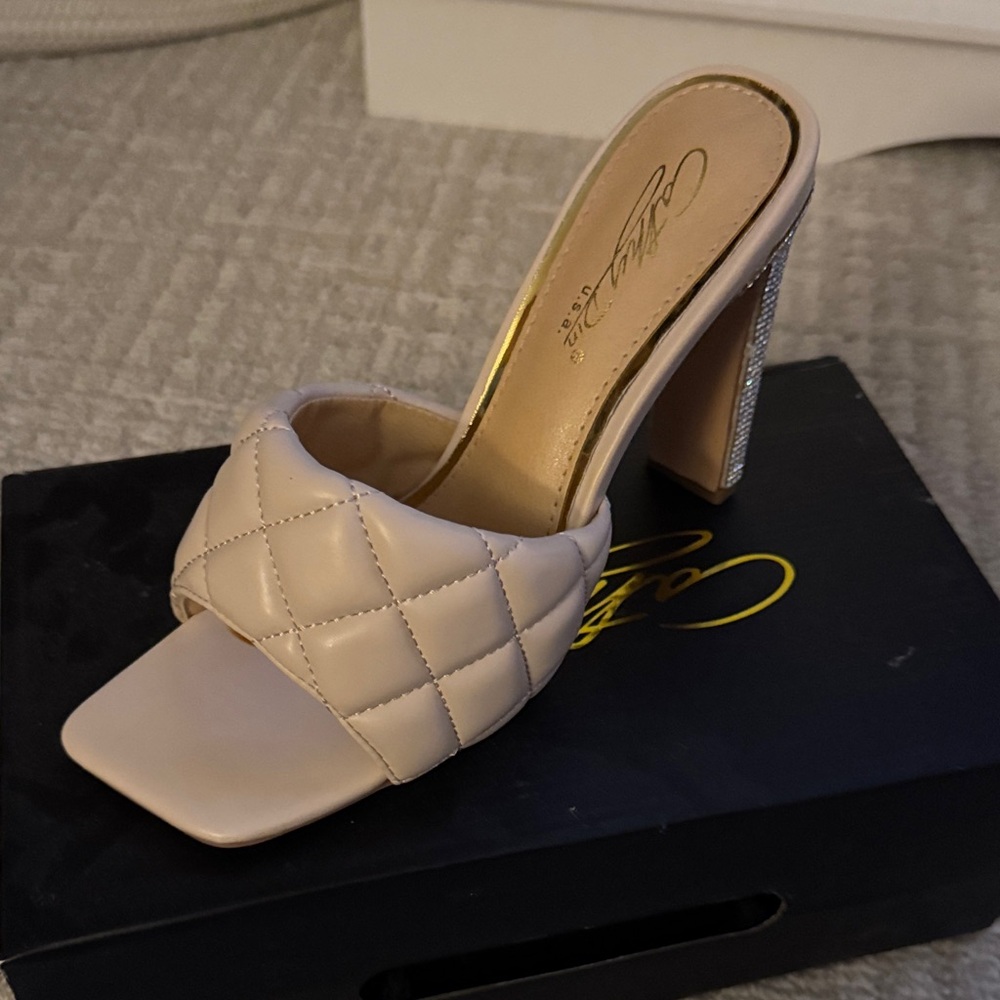 Chic Quilted Beige Heels with Sparkling Accents